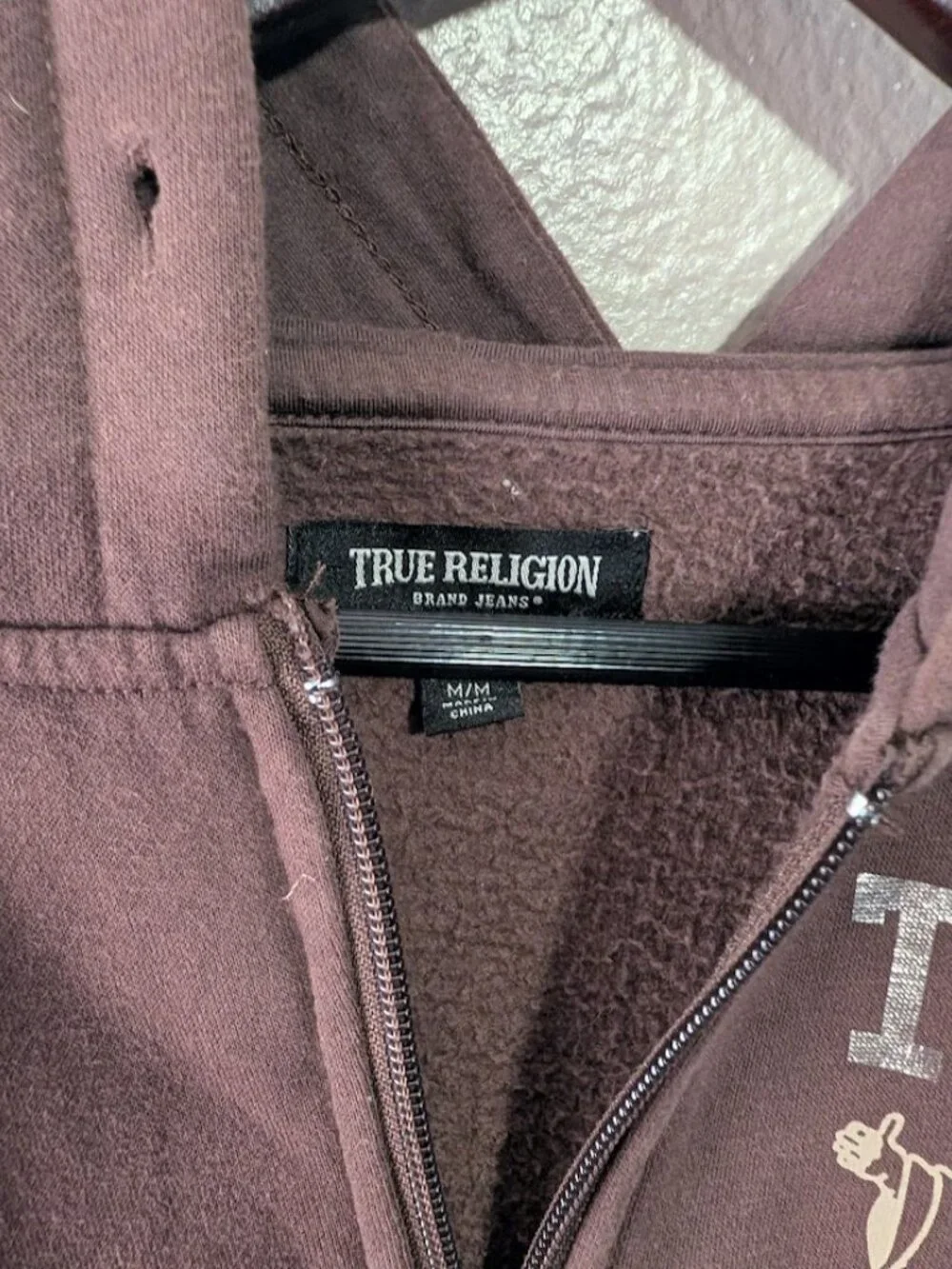 True Religion Men Brown Full Zip Hoodie Graphic Buddha Guitar Size M Oversize